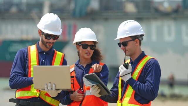 Construction team collaborating on project plans job site professional interaction outdoor environment engaging viewpoint