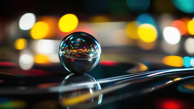 pinball. A silver pinball rolling on a glowing track and impacting a shiny bumper. event key visuals, club posters, designed for sports event promotions and stadium branding.