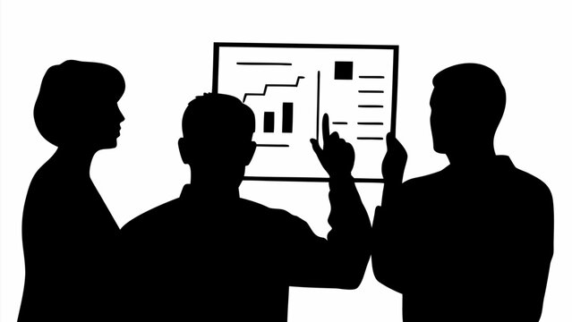 Three businesspeople in black silhouette discussing ideas and data on a screen