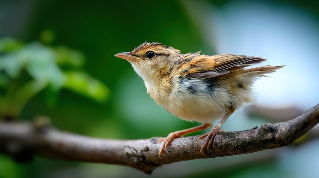 restless. A small bird perched on a branch with ruffled feathers and soft background. wildlife magazines, conservation campaigns, designed for wildlife conservation campaigns.