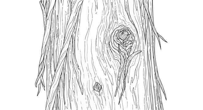 Detailed black and white sketch of textured tree bark with prominent knots