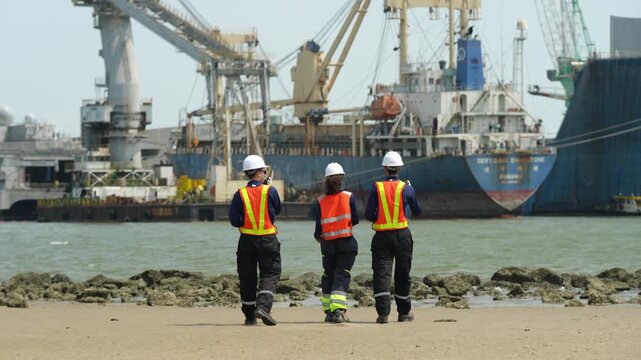 Construction workers inspecting dock area port city industrial photography maritime setting ground level teamwork and safety