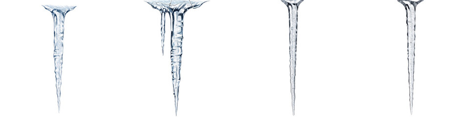 Obraz premium Set of Realistic Hanging Icicles Isolated on White Background. Crystal Clear Frozen Ice Stalactites, Winter Season Elements, Frosty Cold Weather, 3D Render Illustration