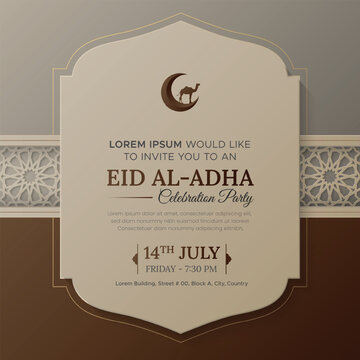 Eid al Adha party invitation greeting card template with Arabesque style pattern