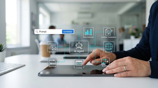 User interacting with AI agent workflow automation platform on tablet showing connected modules for prompt generation, data analysis, content creation, research scheduling, coding