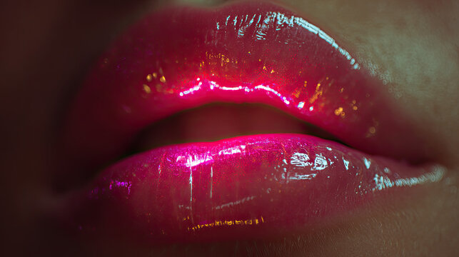 Sexy lips kissing in neon UV disco concept. Close-up of glossy lips illuminated with vibrant pink light.