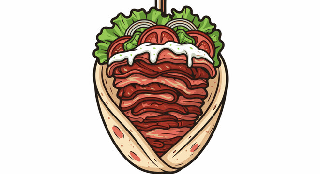 Delicious gyro wrap with stacked meat, fresh lettuce, tomatoes, onions, and sauce