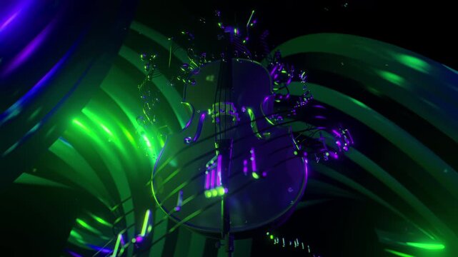 4k vj motion loop featuring a cello silhouette surrounded by flowing musical staves and dancing notes, perfect for classical concerts and sophisticated stage visuals