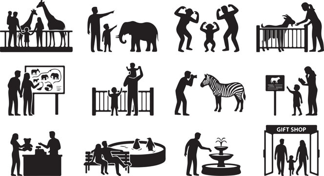 Family Zoo Activity Silhouette Set with Parents and Kids Watching Animals, Feeding, Giraffe, Elephant, Zebra, Wildlife Park, Lifestyle People Vector Collection