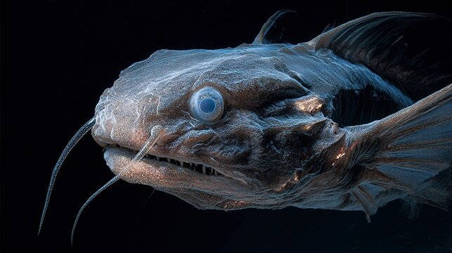 chimaera. A deep-sea chimaera glowing with bioluminescent forehead lights in the dark ocean abyss. wildlife magazines, conservation campaigns, designed for eco-tourism storytelling.