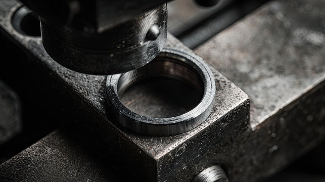 Close-up of camera lens aperture shift concept. Close-up of metal being shaped by machinery in a workshop.