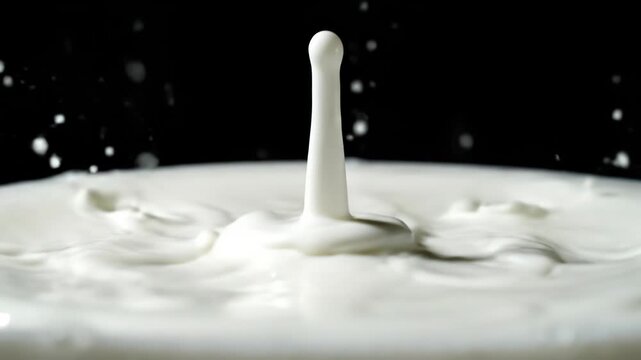 High-speed macro photography of a single white milk droplet suspended above a crown-shaped splash on a white liquid surface, isolated against a solid black background.
