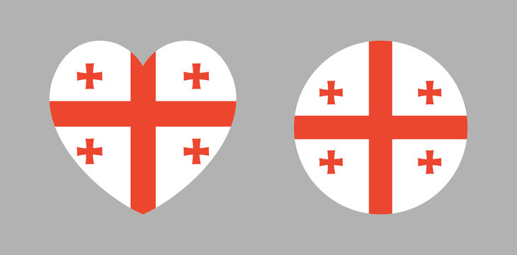 Georgia flag circle, heart shape template, icon, sticker. Georgian country flag badge, button set. National Georgia flag emblem heart, round banner, background.
