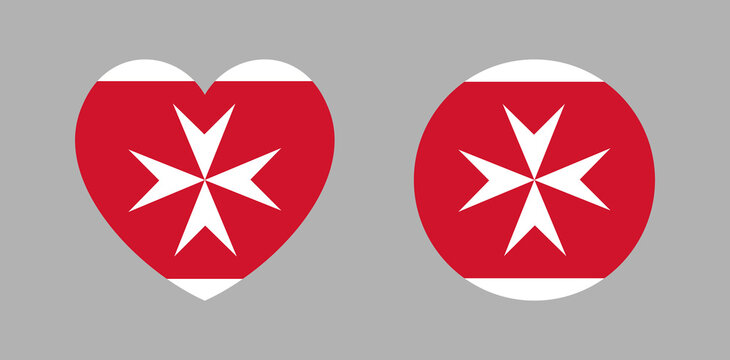 Malta civil flag ensign. Maltese flag heart, round icon, sticker. Civil Ensign of Malta flag heart, circle badge, background set. Malta flag banner, button.