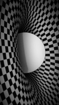 Checkerboard pattern tunnel in monochrome warping into a curved distortion creating a psychological illusion of depth and time travel