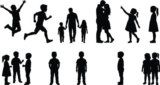 Children and family silhouettes set kids playing running jumping with parents love and lifestyle isolated collection