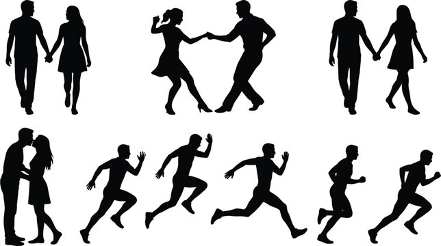 Couple and running people silhouettes set romantic pair walking dancing kissing and athletes sprinting isolated collection