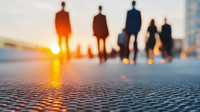 Silhouette Business in Sunrise: Silhouetted business people stride confidently against a vibrant sunrise, walking towards the future. symbolizing aspiration and ambitions in the urban landscape.