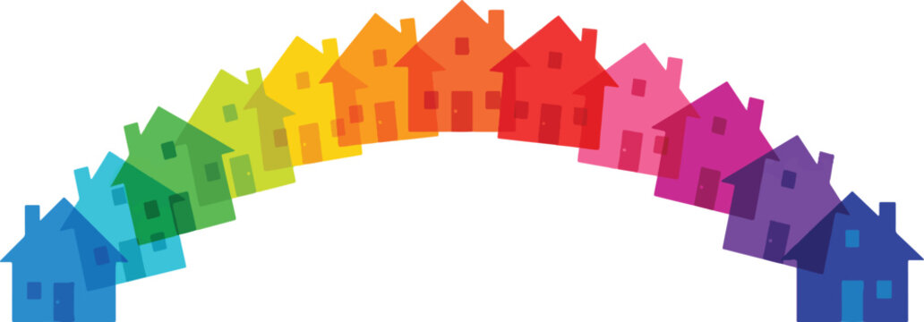 Colorful rainbow houses, vector home icons, multicolored architecture symbols, gradient house collection