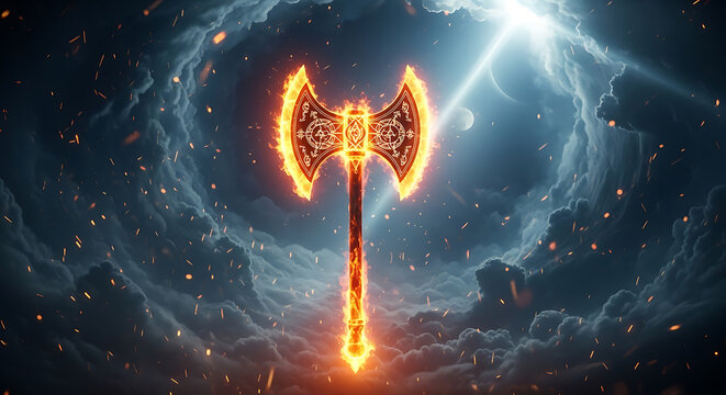 Flaming double bladed battle axe in a stormy celestial scene