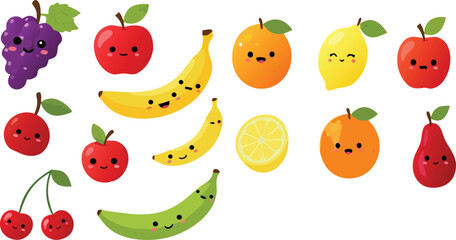 Cute fruit characters vector set featuring smiling cartoon banana, apple, orange, lemon and berries in colorful kawaii style isolated © Sumon Creative