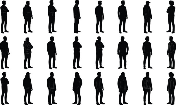Men silhouettes collection standing casual male figures different poses urban style characters isolated on white background set