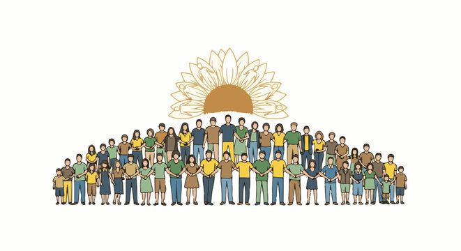 Diverse group of people in a semi-circle with a stylized sunflower above them
