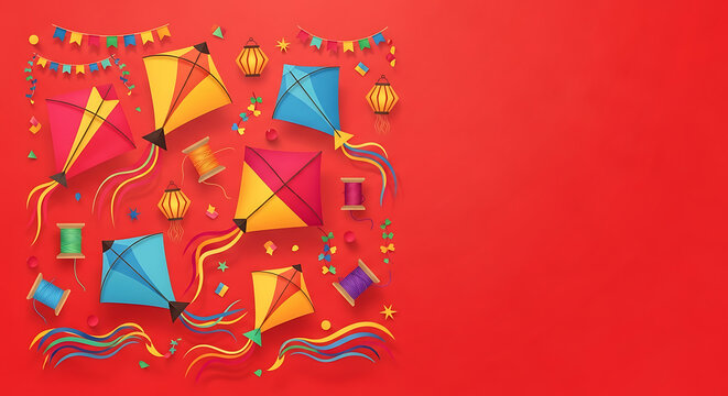 Colorful kites and festive decorations on a vibrant red background high quality