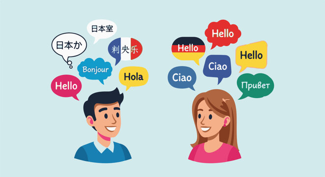 Diverse people communicating greetings in multiple languages via speech bubbles