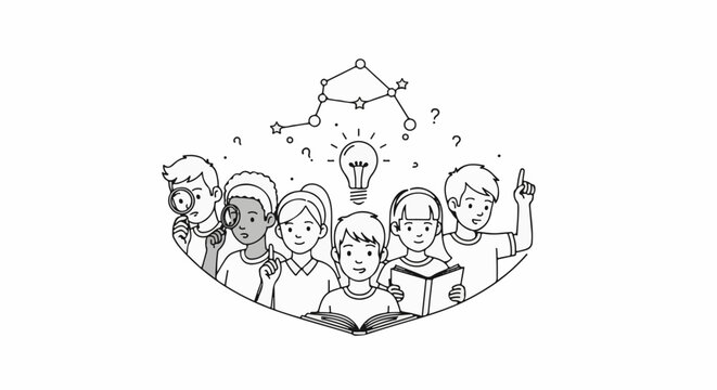 Diverse children collaborate on a project, sharing ideas under a lightbulb and star chart