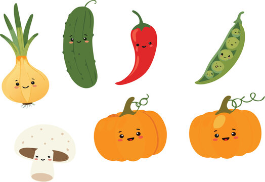Cute vegetable characters vector set featuring smiling onion, cucumber, chili, peas, pumpkin and mushroom in cartoon style