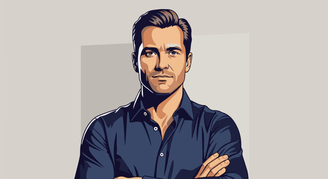 Digital portrait of a man with arms crossed, dark shirt