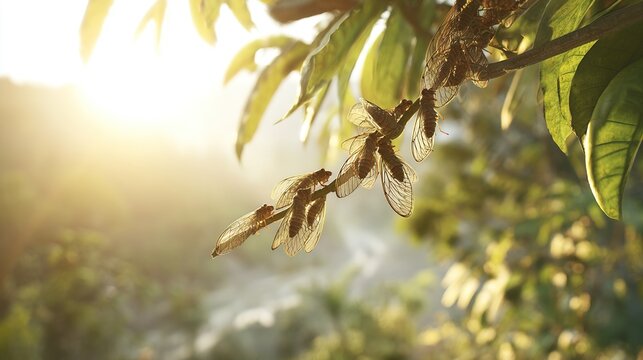 cicadas. Dense tropical rainforest at dusk, cluster of cicadas on a branch, golden hour light. wildlife magazines, conservation campaigns, designed for nature documentaries and education.
