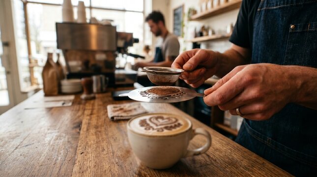 Close up of barista hand using stencil and sifter to dust cocoa powder pattern on top of a latte coffee cup