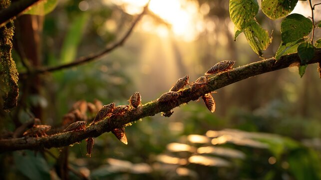cicadas. Dense tropical rainforest at dusk, cluster of cicadas on a branch, golden hour light. wildlife magazines, conservation campaigns, designed for nature documentaries and education.