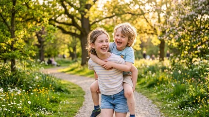 Fototapeta premium Heartwarming portrait of a happy older sister giving her little brother a piggyback ride in a sunny park