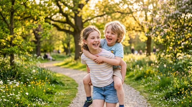 Heartwarming portrait of a happy older sister giving her little brother a piggyback ride in a sunny park