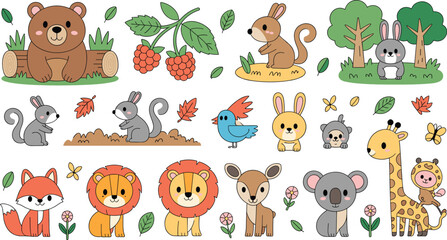 Cartoon animals and nature elements with bear, squirrel, rabbit, fox, lion, deer, koala, giraffe, and monkey © Mossadessur Rahman