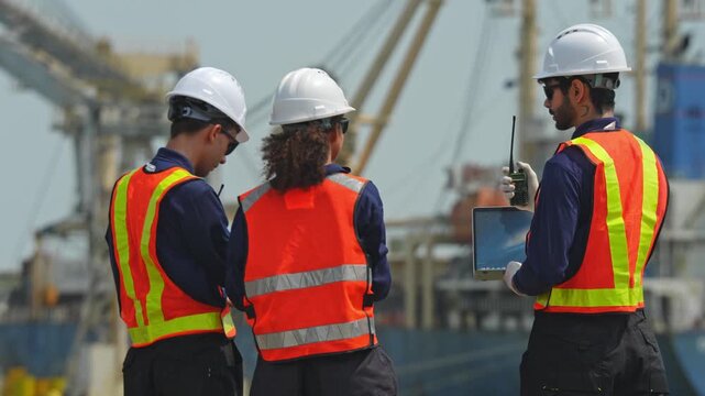 Collaboration meeting among team members at a port business discussion industrial setting informal viewpoint