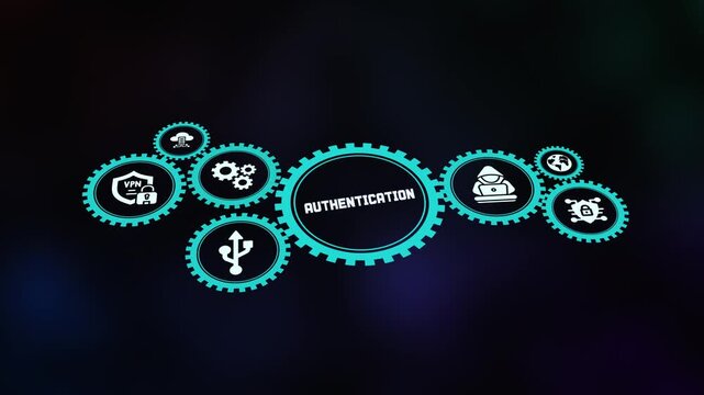 Digital network diagram of gears and icons illustrating authentication protocols, verification, and multi-factor login systems.