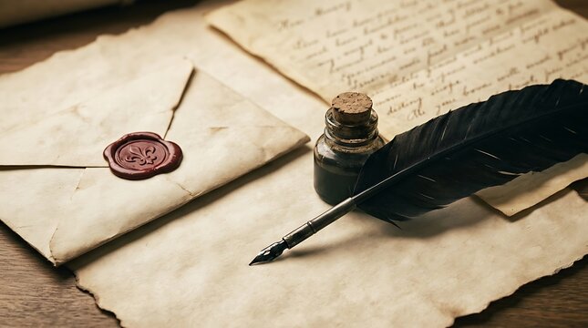Vintage writing scene with ancient quill pen, inkwell, and sealed parchment letter for historical communication