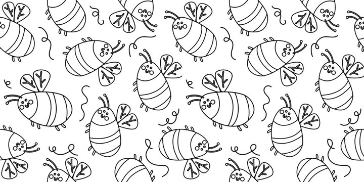 Black and white bee outline seamless pattern