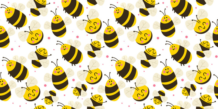 Cute bees and bee faces seamless pattern on white background