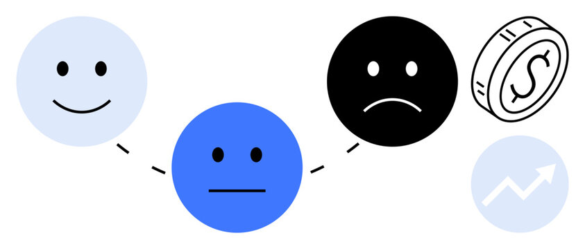 Emotions, decision-making, financial growth, economic fluctuation, behavioral psychology, business success. happy faces, dollar coin upward arrow. Financial growth and decision-making concept