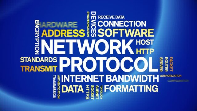 Network Protocol animated word cloud-text design animation tag kinetic typography seamless loop.