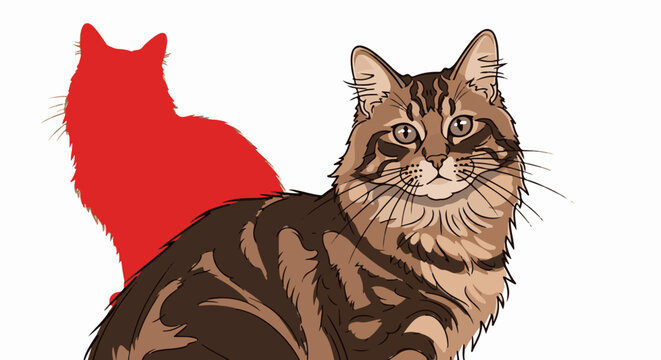 Detailed illustration of a brown tabby cat with a red silhouette