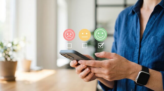 Woman hand selecting positive smiley face rating on smartphone screen, customer satisfaction feedback survey and user experience review concept