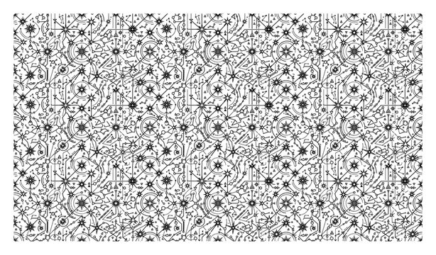 Celestial pattern with stars and geometric symbols in mystical line art style
