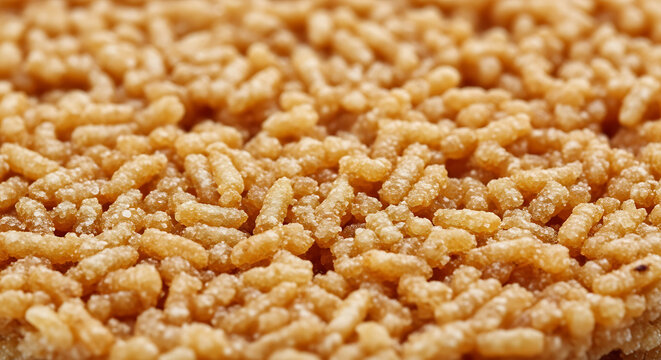 Close-up macro shot of a crispy, golden-brown textured food surface, possibly a rice cake or puffed grain snack, showing individual elongated grains.
