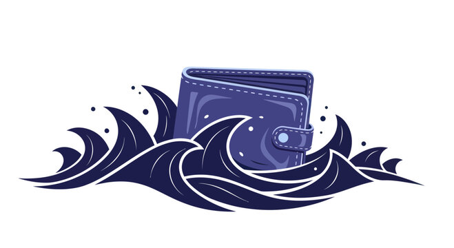 Wallet drowning in dark blue waves, financial crisis concept illustration